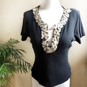 CORDELIA Black Beaded V-Neck Top, Medium